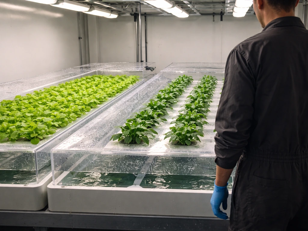 Hydroponics grow room showing fast lush seedlings in some basins and slower spaced plants in others.
