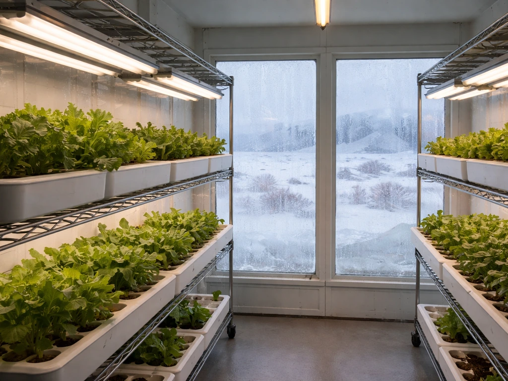 Well-lit hydroponics room with ice-covered windows showing a frozen cold biome outside.
