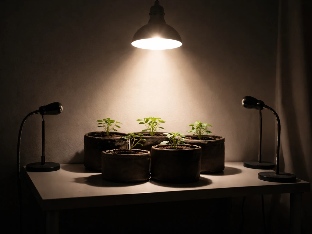 Sun lamp shining on small plant basins while nearby growth lamps sit off, showing insufficient light.