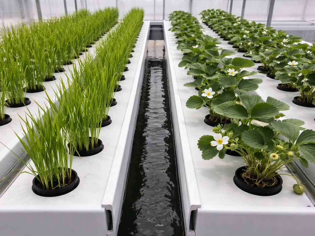 Side-by-side hydroponic basins showing fast-growing rice seedlings and slower strawberry plants at different stages.