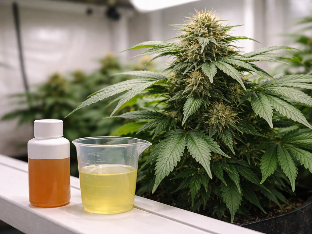 Close-up of a blooming cannabis plant with a nutrient bottle and measuring cup on a clean grow bench