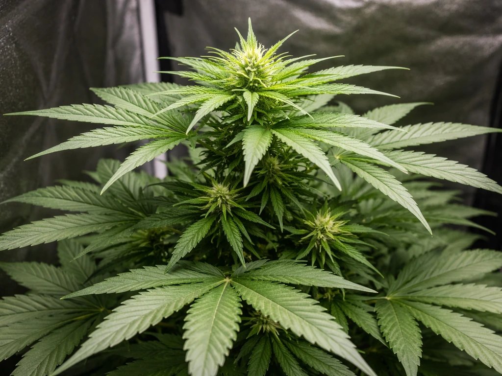 Close-up of a vigorous Pineapple Express Auto cannabis plant in an indoor grow tent, early flower stage.