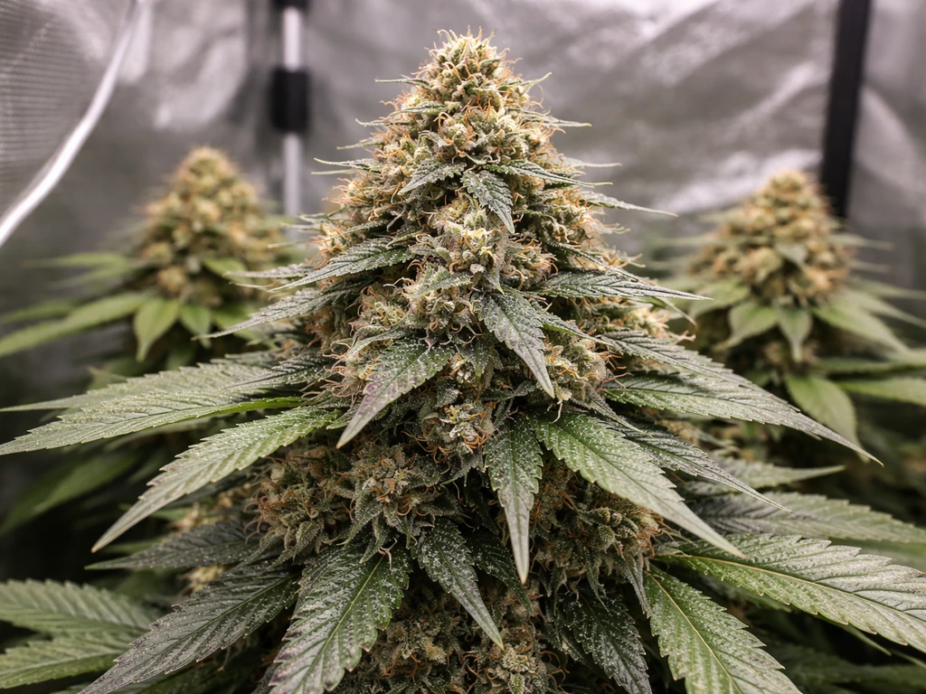 Close-up of a dense cannabis autoflower canopy with tightly clustered, heavy bud sites.