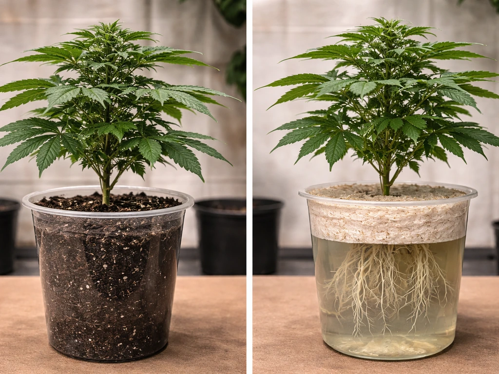 Split photo showing one auto in soil and one in hydro/coco with contrasting root/plant vigor