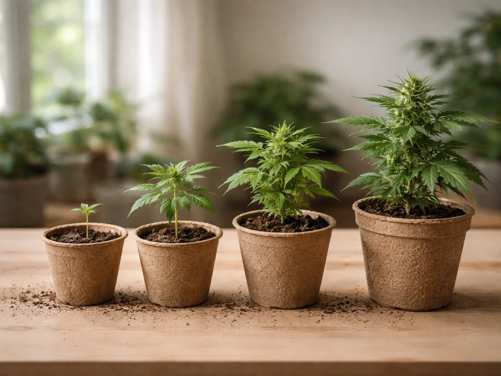 A minimal row of potted seedlings at different growth stages from germination to flowering.