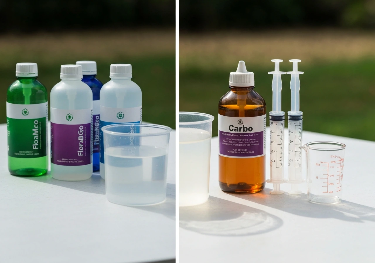 Split nutrient setup with Flora bottles on one side and a separate Carbo bottle with dosing syringes on the other.