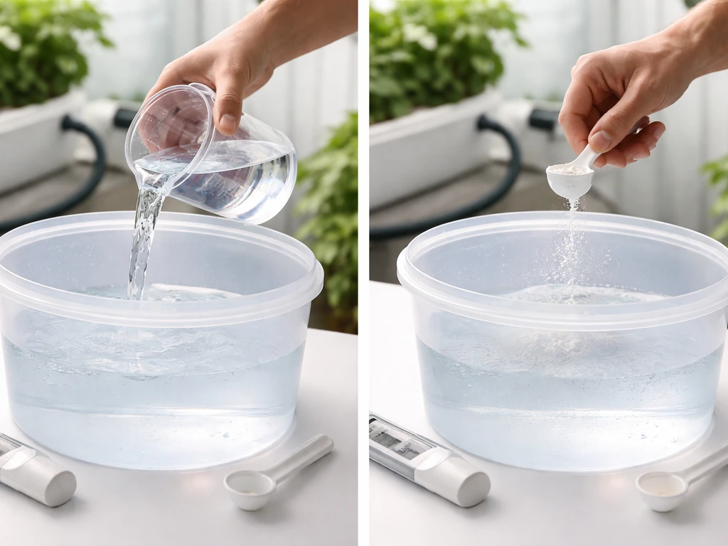 Close-up of a person pouring water first, then adding hydroponic nutrients with measuring spoons in a simple tub