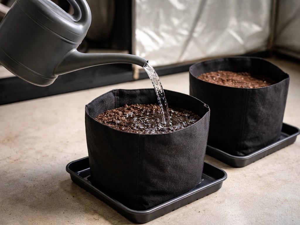 Watering a single coco/soil pot with nutrient mix from a watering can in a minimal grow setup.