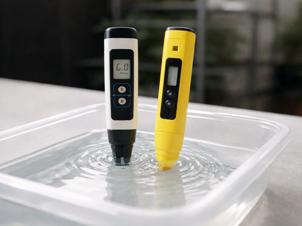 Close-up of EC/ppm meter and pH pen near nutrient solution in a hydroponics mixing station.