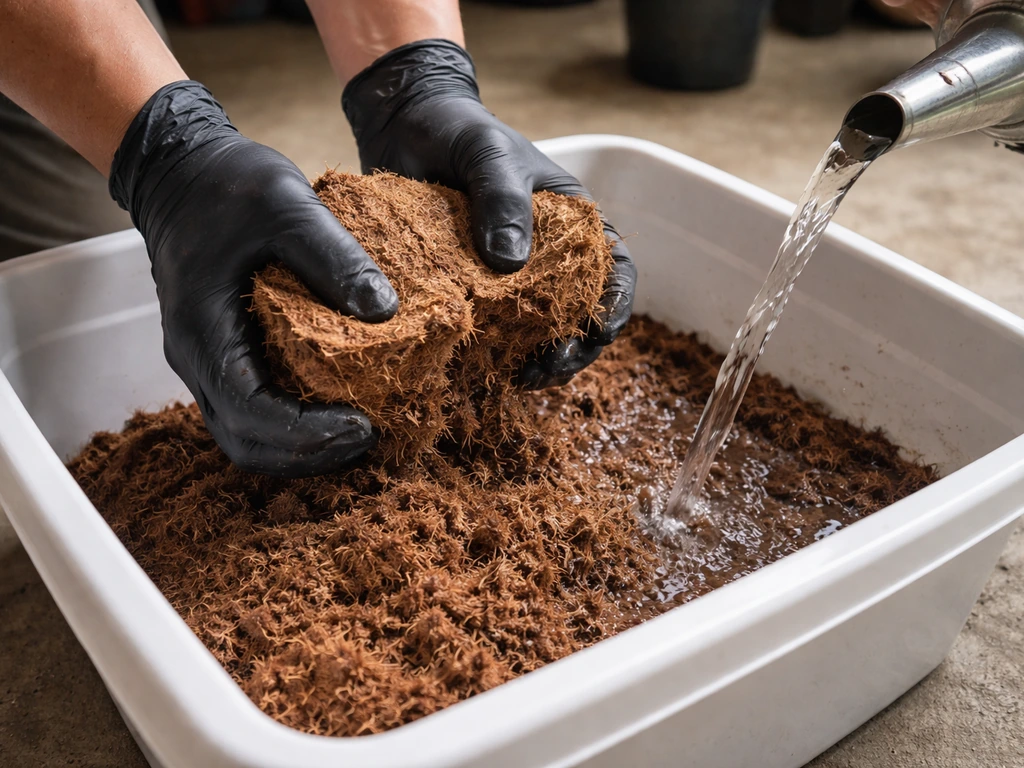 Gloved hands compress a coco coir brick in a tub as it swells into a grow-ready substrate.