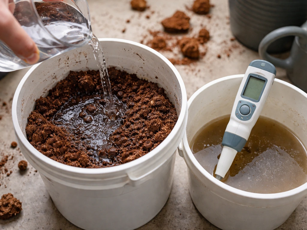 Hand pouring water into buckets of rehydrating coco while a handheld EC/pH meter reads runoff