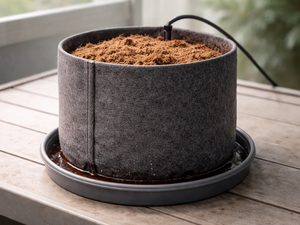 Fabric coco grow container with visible drainage holes and an irrigation runoff tray