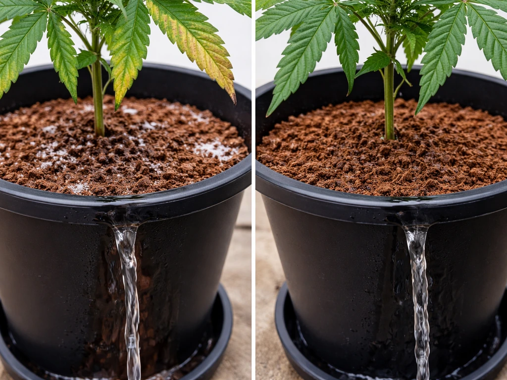Split view: salt-crusted coco and leaf tip burn on left; flushed clean coco and greener leaves on right.