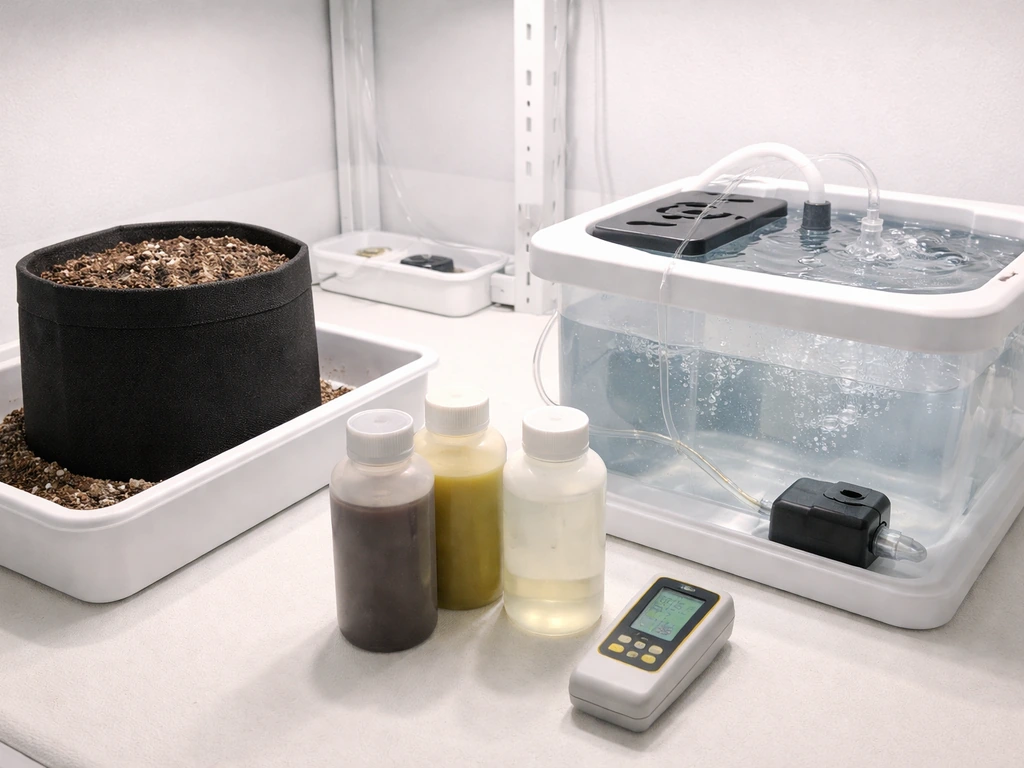 Minimal grow room showing a soil planter and a hydro reservoir with nutrient bottles and a meter readout.