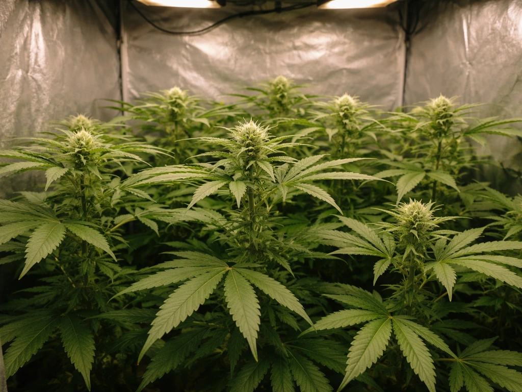 Healthy cannabis plants in early flowering under grow lights, with one row showing the veg-to-bloom transition.