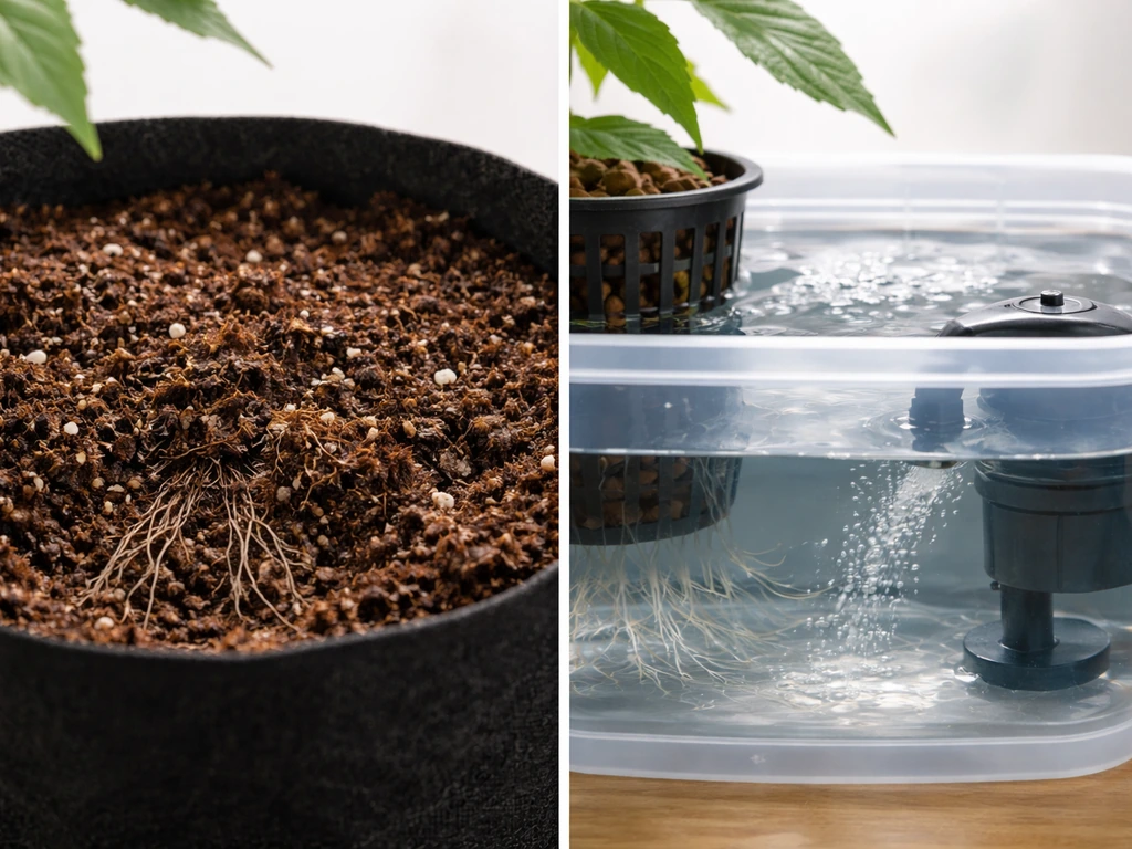 Split view: moist soil/coco pot on the left and a clear hydro nutrient reservoir on the right.