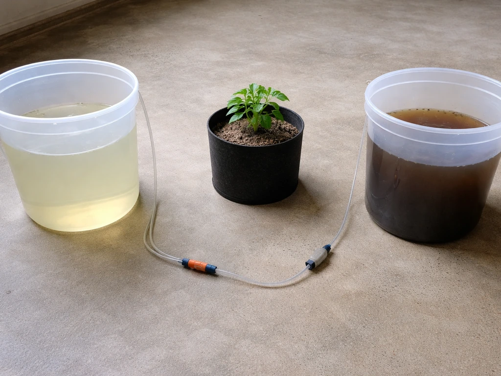 Indoor potted plant between two nutrient reservoirs with clear drip line showing an overlapping transition.