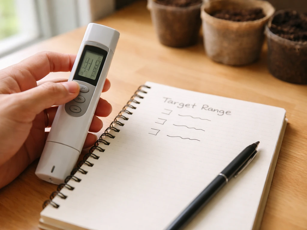 Hand holding an EC meter displaying a reading, with a simple notebook showing target ranges for growth stages.