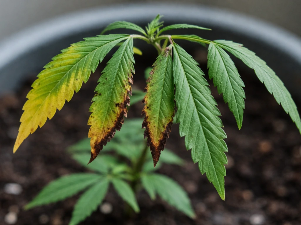 Three leaves showing yellowing, dark burn edges, and wilting after an aggressive plant transition
