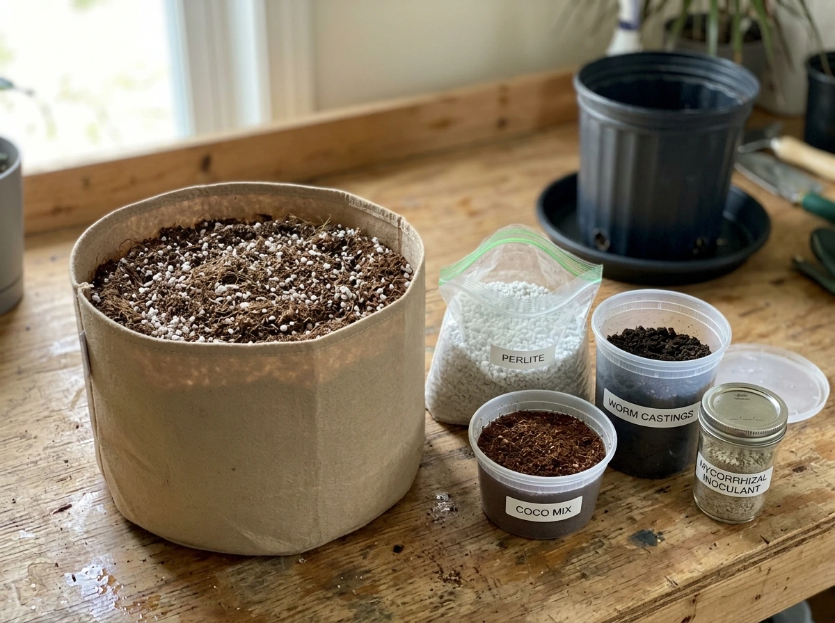 Soil and amendments on a workbench with drainage-ready fabric pots for choosing the best grow soil for weed.