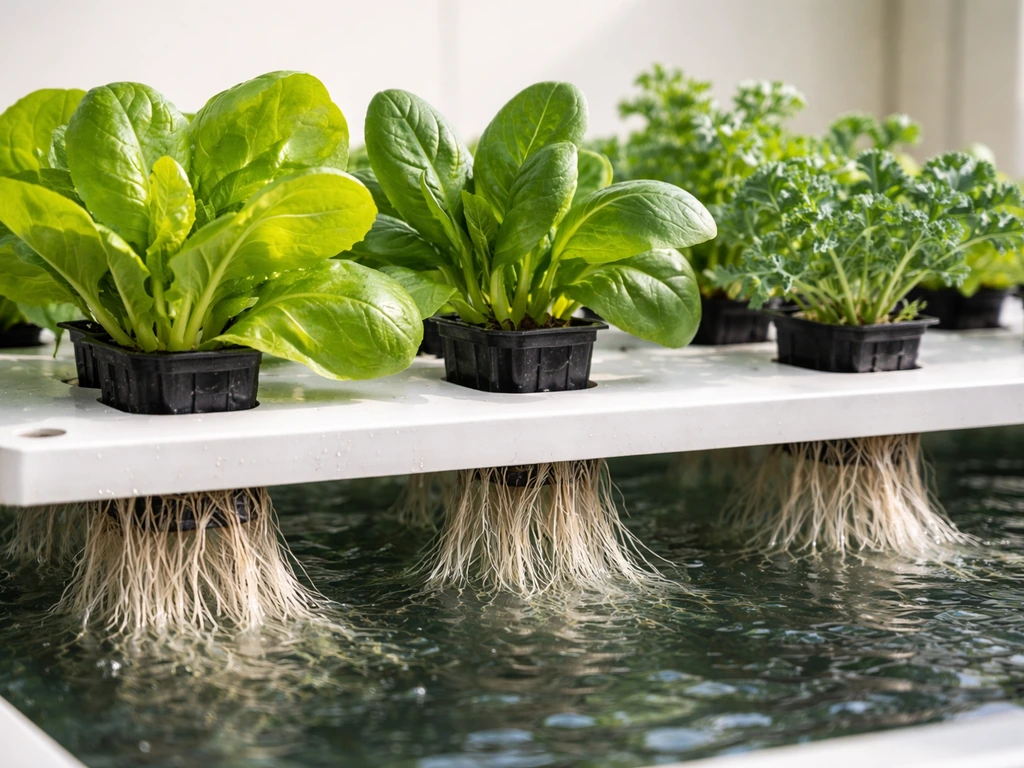 Lush leafy greens in a clean hydroponic raft system with visible roots and fresh canopy.