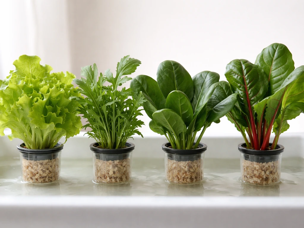 Close-up of loose-leaf lettuce, arugula, spinach, and Swiss chard growing in small hydroponic containers