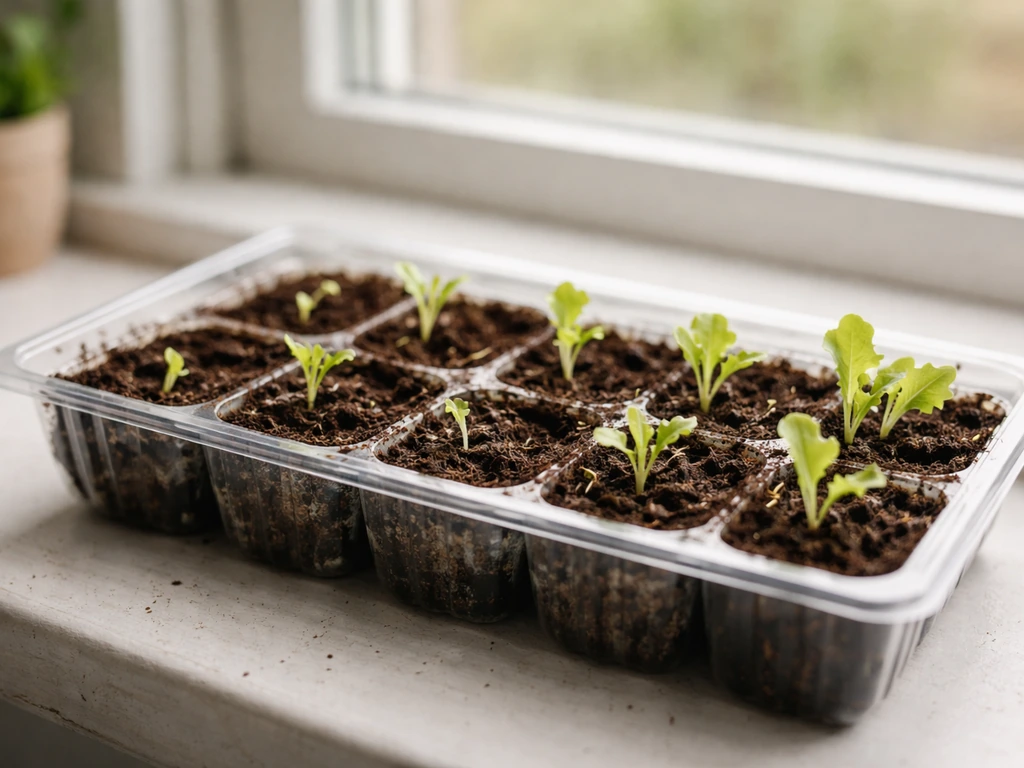 Close-up of a seed-starting tray showing tiny loose-leaf lettuce seedlings at early growth stages.