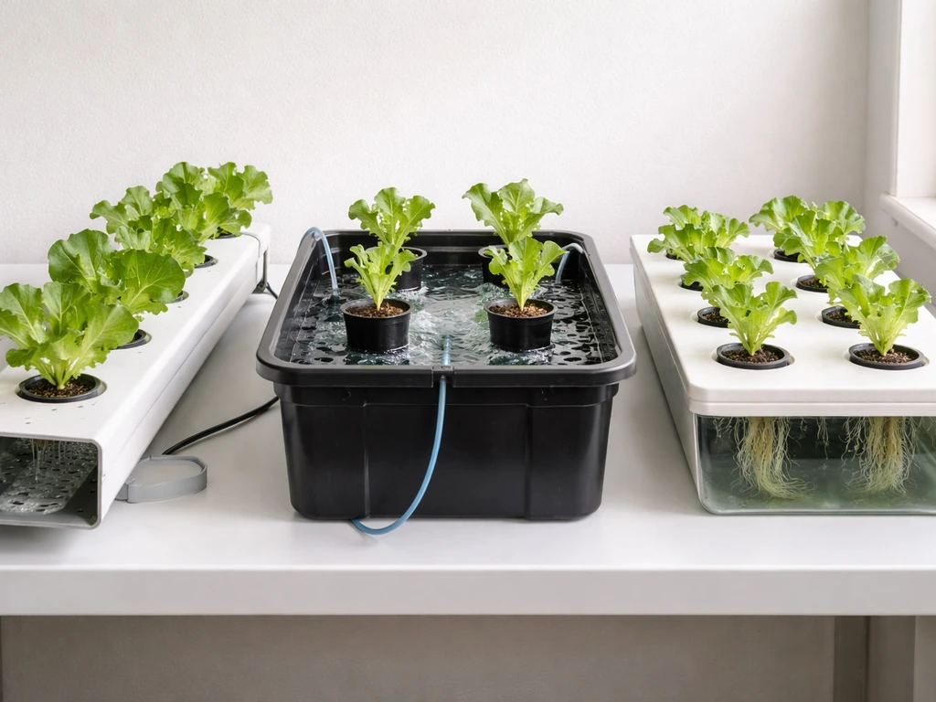 Three hydroponic leafy-green system setups side-by-side: NFT channel, DWC with air stone, and raft with net pots.