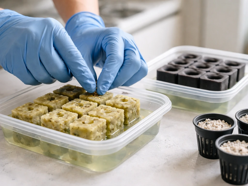 Hands placing seeds into pre-soaked rockwool cubes in small hydroponic net pots