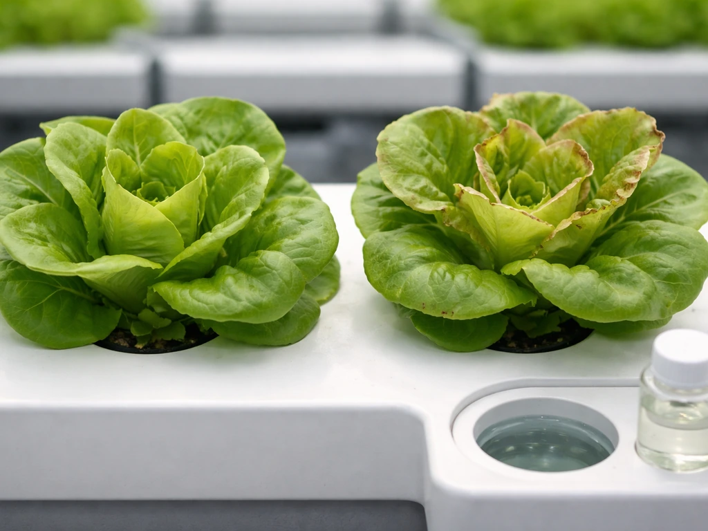 Side-by-side hydroponic lettuce: healthy green tips vs tip burn with brown papery leaf edges.