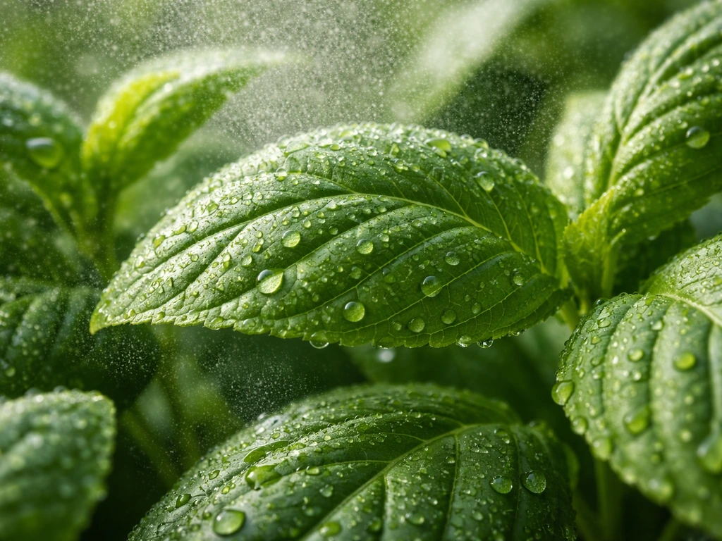 Macro view of green leaves covered in fine nutrient mist droplets with a subtle spray pattern.