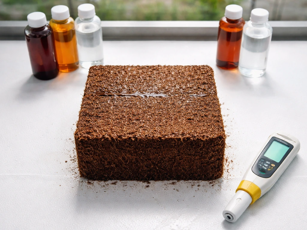 Top-down view of a coco coir block on a grow table with nutrient bottles and a digital EC/pH meter