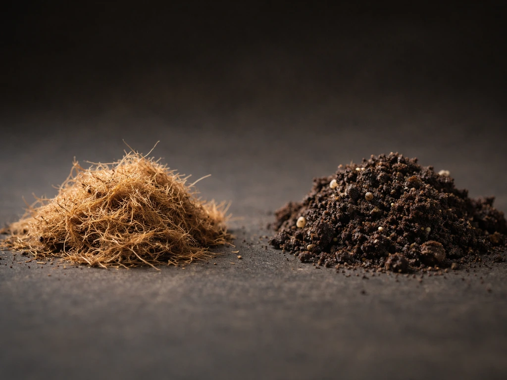 Macro view of coco coir fibers beside a moist soil clump, highlighting different nutrient behavior.
