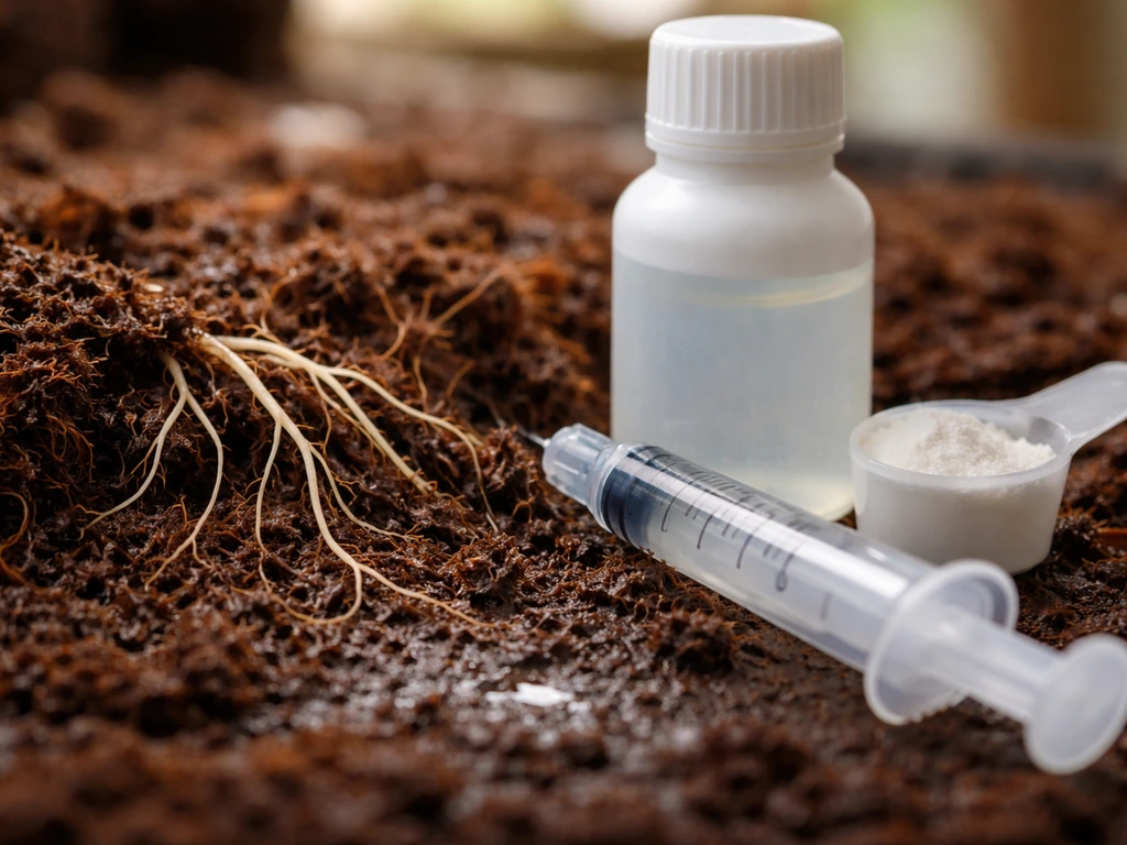 Close-up of coco roots with a Ca/Mg supplement bottle and syringe measuring beside them.