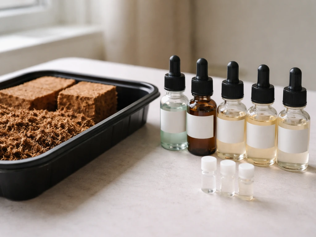 Glass dropper bottles and small vials beside a tray of coco coir for nutrient dosing.