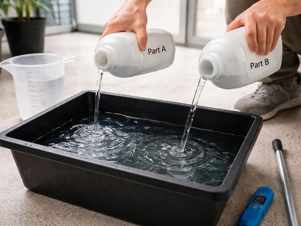Grower mixing hydroponic nutrients: clear water in reservoir, Part A poured first, then Part B after dilution.