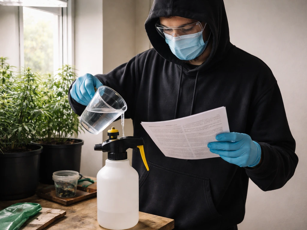Gloved grower in a simple grow room reading safety papers and preparing a pesticide solution with PPE.
