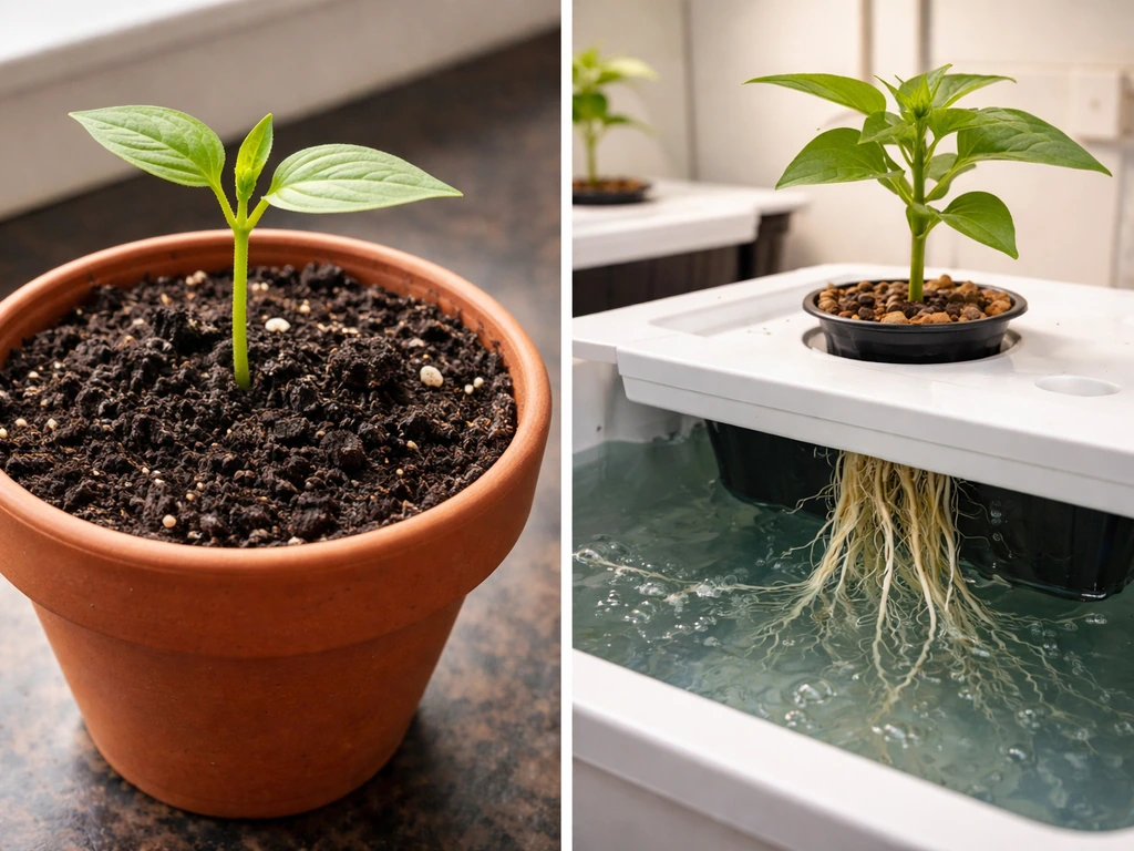 Split view of soil potted plants versus a simple hydroponic tank, showing different growing mediums.