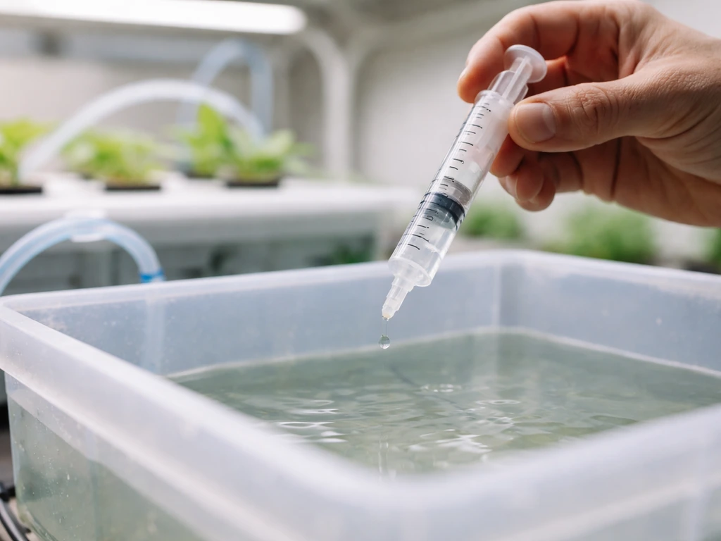 Hands carefully adding diluted fertilizer to a hydroponic reservoir with a measuring syringe