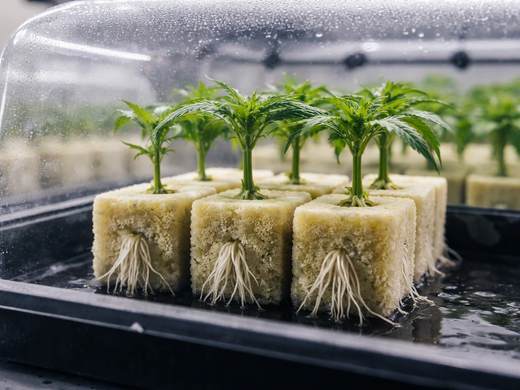 Rockwool hydroponic clone cuttings with roots under a clear humidity dome, transitioning to healthy growth