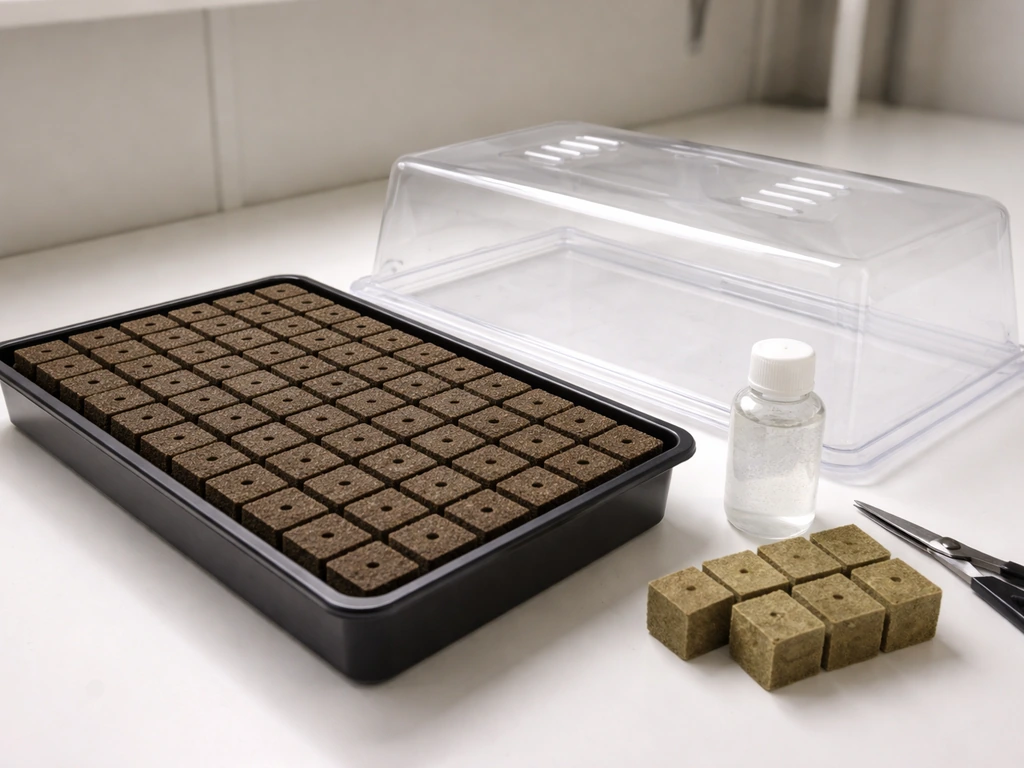 Cloning starter setup with propagation tray, humidity dome, and rooting supplies laid out neatly.