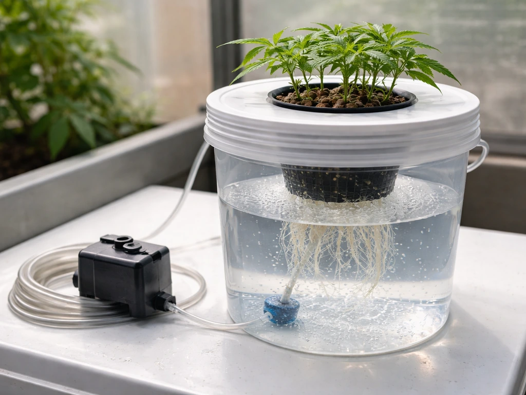 Small DWC hydroponic bucket with net pot and rooted clone cuttings on a clean grow bench.