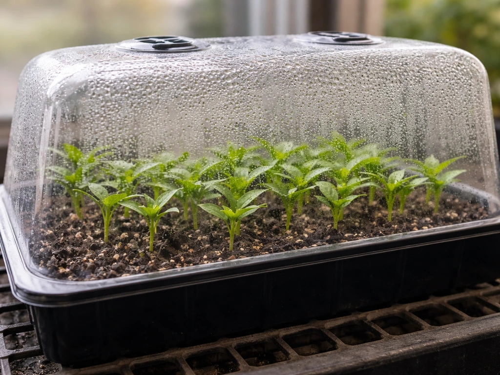 Clear humidity dome with clone cuttings and heavy condensation inside, showing a high-humidity rooting environment.