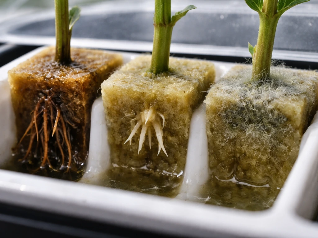 Close-up of hydroponic cuttings showing brown slimy roots, short rooting, and gray fuzzy mold.