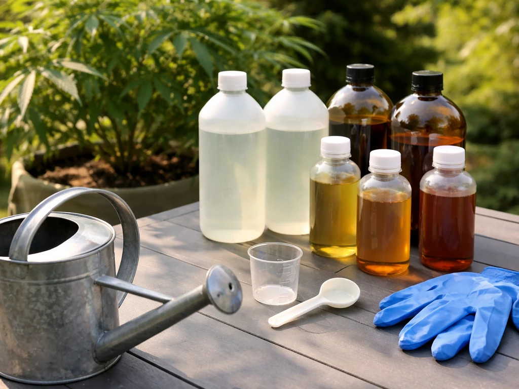 Outdoor patio table with nutrient bottles and measuring tools, healthy plant softly blurred in the background.