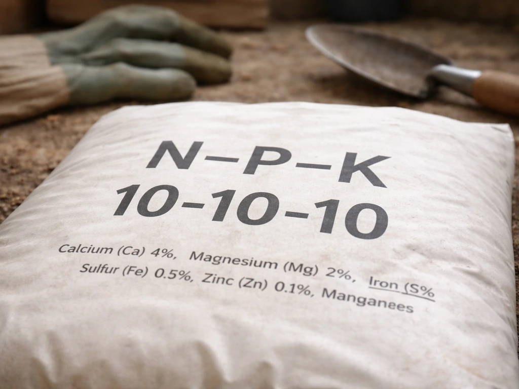Close-up of a fertilizer bag label showing NPK order with clear secondary nutrients list