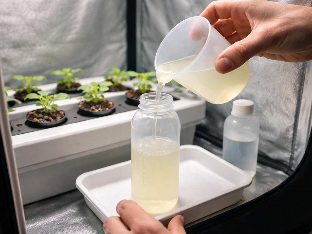 Measuring cup pouring diluted nutrient solution into a bottle near young hydroponic seedlings.