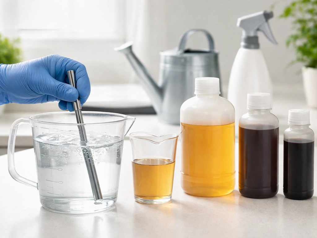 Step-by-step nutrient mixing setup showing water first, then cal-mag, base nutrients, and additives in order.