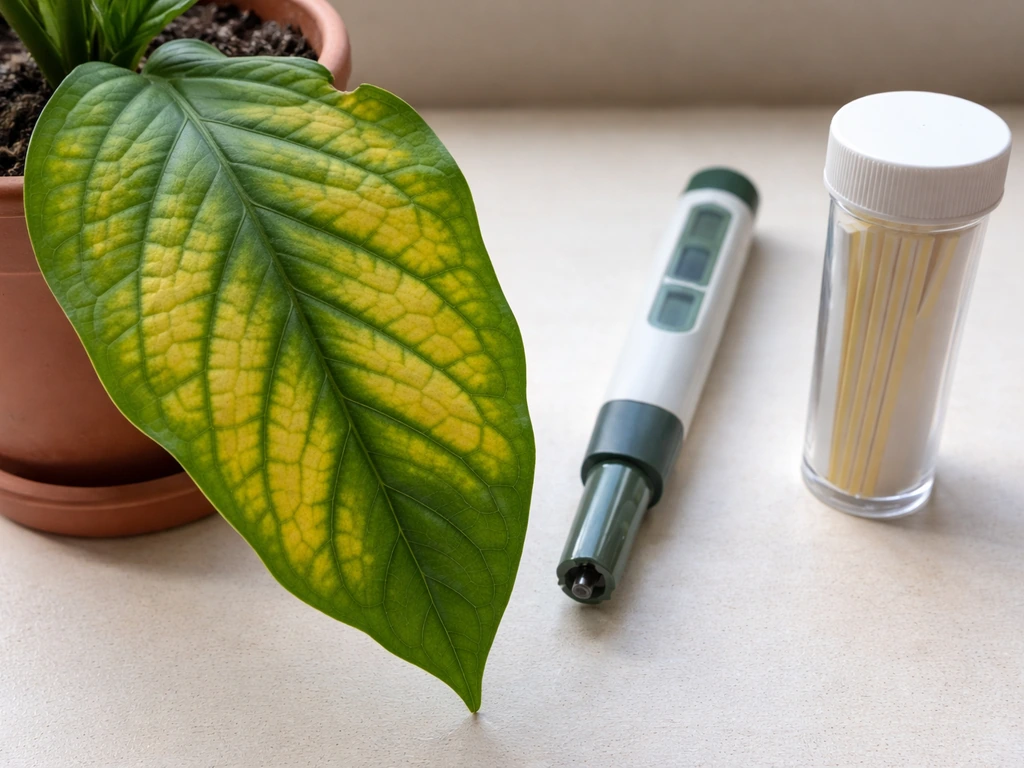 Close-up of yellowing plant leaves with interveinal chlorosis beside a pH meter on a plain tabletop.