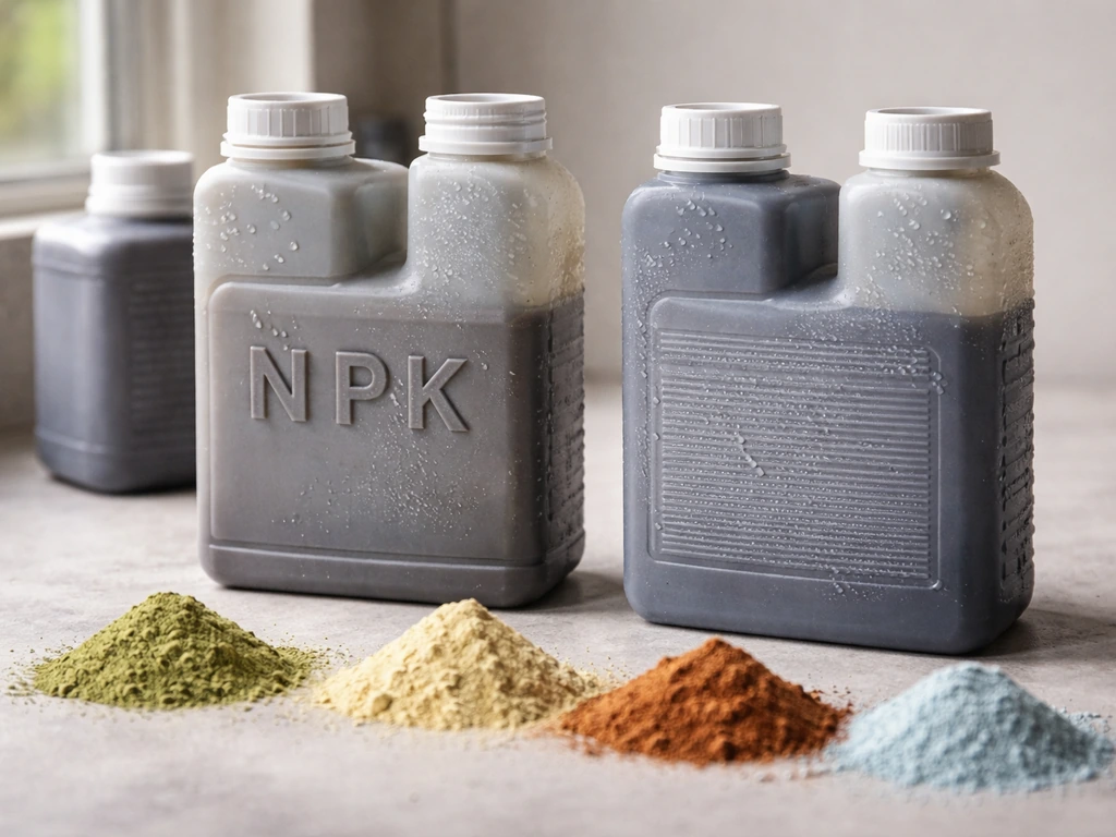 Close-up of cannabis nutrient bottles with macro and micro ingredient powders arranged for comparison.